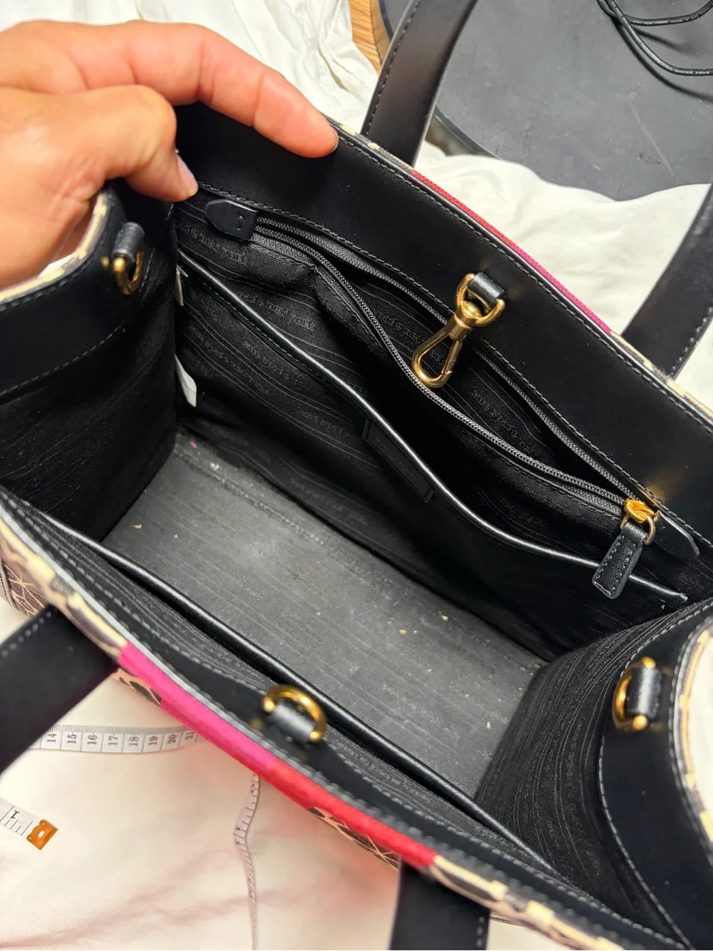 kate spade Black & Cream Floral Canvas Tote with Fuchsia Center Stripe